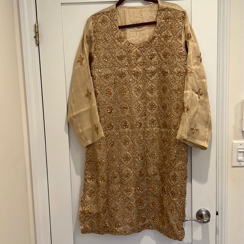 New Gold Formal Pakistani Indian Suit Kameez Xl Large